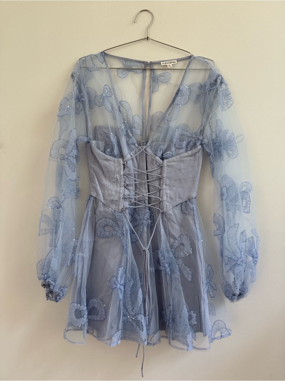For Love & Lemons Pale Blue Floral Lace-Up Mesh Mini Dress
